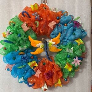 Colorful Mesh Wreath with Butterfly Accent